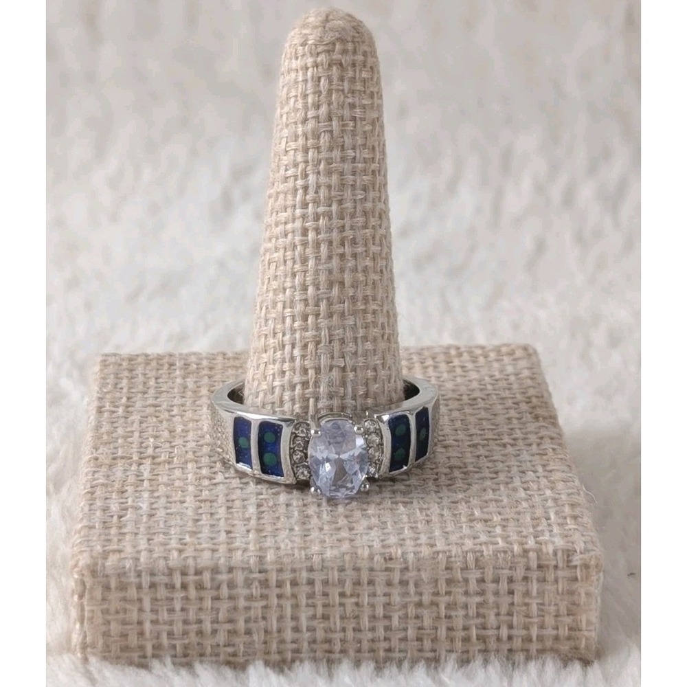 Silver Tone Blue Inlay‎ Ring w/ Clear CZ Stone & Accents Size 9.5 Southwestern